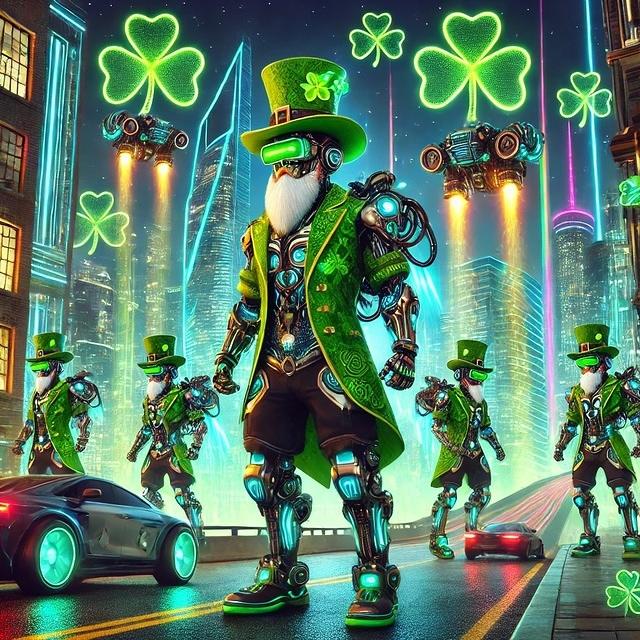 DALL·E 2025-03-12 15.25.20 - A futuristic cityscape with Irish leprechauns adapted to the high-tech environment. The leprechauns wear cyberpunk-inspired outfits with glowing green