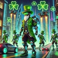 DALL·E 2025-03-12 15.25.20 - A futuristic cityscape with Irish leprechauns adapted to the high-tech environment. The leprechauns wear cyberpunk-inspired outfits with glowing green